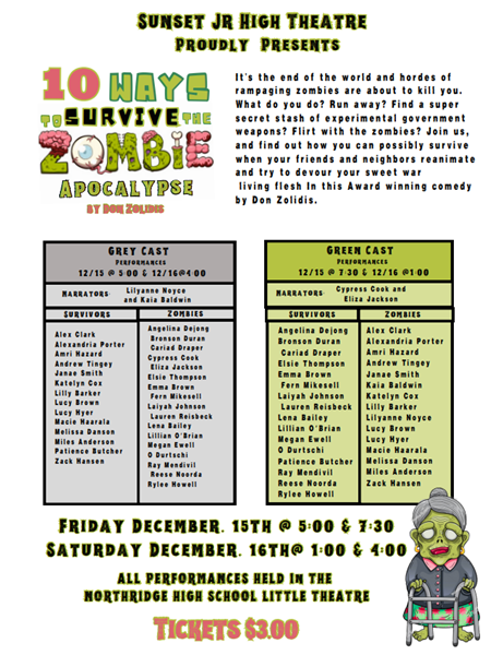 10 Ways to Survive the Zombie Apocalypse Play Flyer